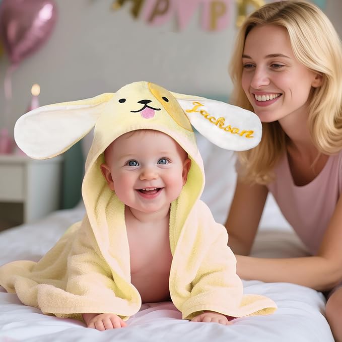 Custom Hooded Bath Towel for Babies,Soft Highly Absorbent Puppy Baby Towel with Name,Baby Bath Towels for Girls Boys,Personalized Baby Shower Birthday Gifts for Toddler Newborn Kids