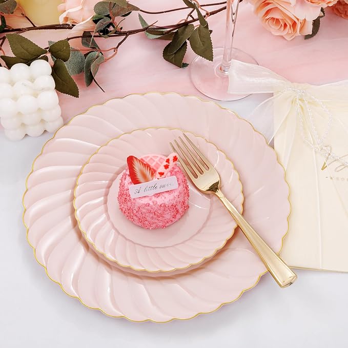 YOUBET 125Pcs Pink Plastic Plates with Gold Rim - Scalloped Plastic Plates Set Includes 25 Dinner, 25 Dessert Plate, 75 Gold Silverware for 25 Guests for Wedding Birthday Baby Shower