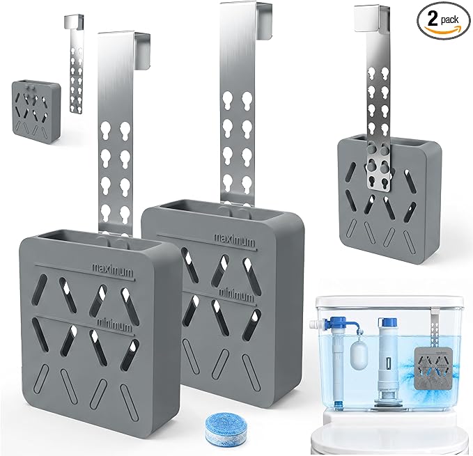 2Pcs Toilet Tank Tablet Holder, Adjustable Silicone Toilet Tablet Holder for Inside Tank, Toilet Bowl Cleaner Holder, Toilet Tank Cleaner Caddy Basket, Helps Reduce Residue Buildup & Flapper Jams Grey