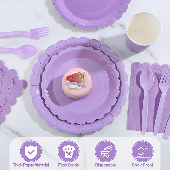 175 Pcs Lavender Paper Plates and Napkins, Light Purple Party Supplies Include Scalloped Party Plates Napkin Cup Plastic Cutlery for Girls Birthday, Bridal Baby Shower, Wedding