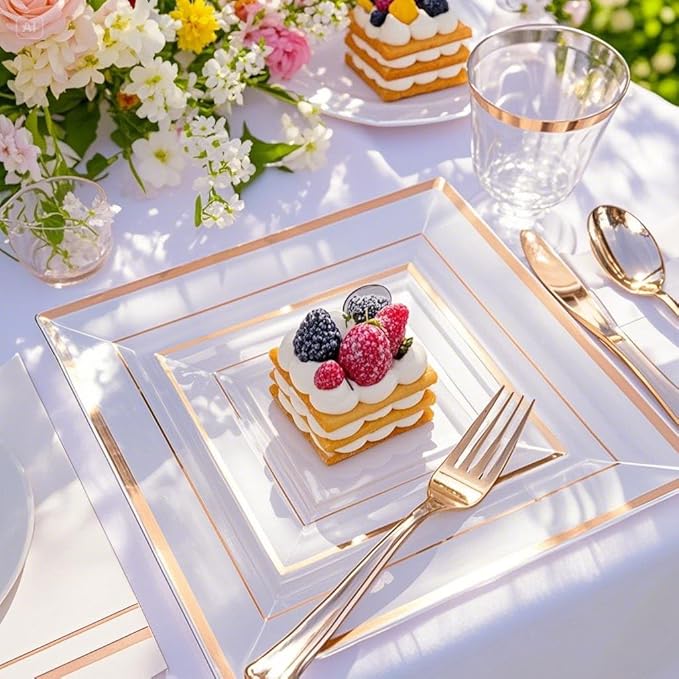 Festiva 350Pcs Rose Gold Plastic Plates - Clear Rose Gold Disposable Dinnerware Sets for 50Guests include 100 Plates 50 Cups 50Plastic Cutlery 50Napkins for Party&Wedding& Mother's Day