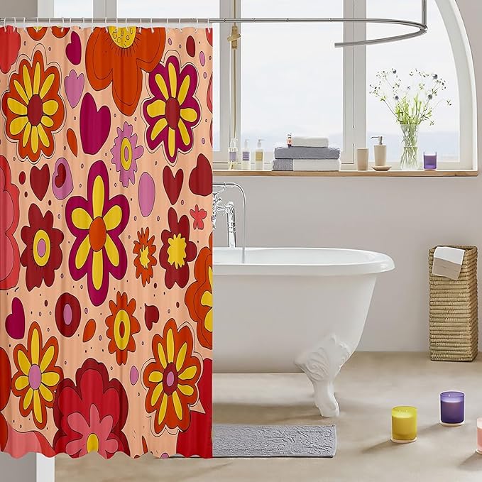 Vintage Boho Plant Floral Shower Curtain 60S 70S Groovy Rainbow Bathroom Shower Curtain Set for Boys Teens Retro Hippie Flower Bath Curtain Abstract Art Colorful Kids Bathroom Accessories 72"x84"