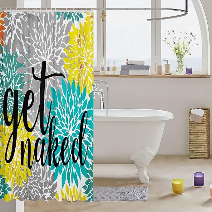 Teal Dahlia Bath Curtain Turquoise Floral Cloth Fabric Bathroom Decor for Couple Lover Funny Quotes Get Naked Shower Curtain Yellow Gray Flowers Waterproof Shower Curtains Set with Hooks 72x72 Inch