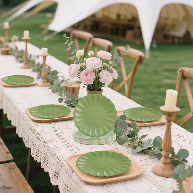 50Pcs Large Scalloped Sage Green Paper Plates 7Inch Shell Edge Dessert Plates for Cake Salad Fruit Disposable Dessert Serving Plates for Birthday Wedding Baby Shower Party Decorations