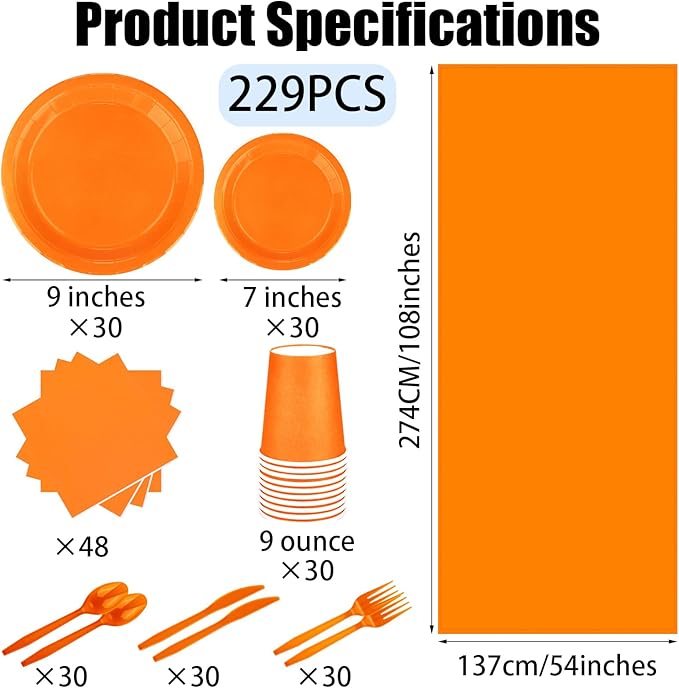 229PCS Orange Party Supplies Set Paper Disposable Plates Cups Plastic Spoons Forks Knives Orange Napkins for 30 Guests Disposable Party Dinnerware Sets for Wedding Birthday Parties