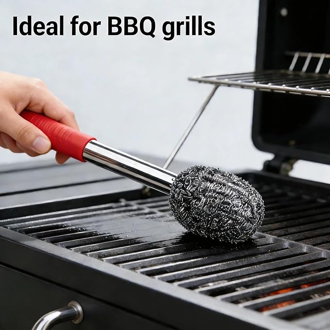 2PCS Steel Wool Scrubber with Handle Rustproof, Cast Iron Scrubber, Stubborn Messes Pot Brush, Remove Dirt for Cleaning Stoves,Sinks Dishes Grills Bowls & Metal Wire Sponge for Kitchens,Bathroom