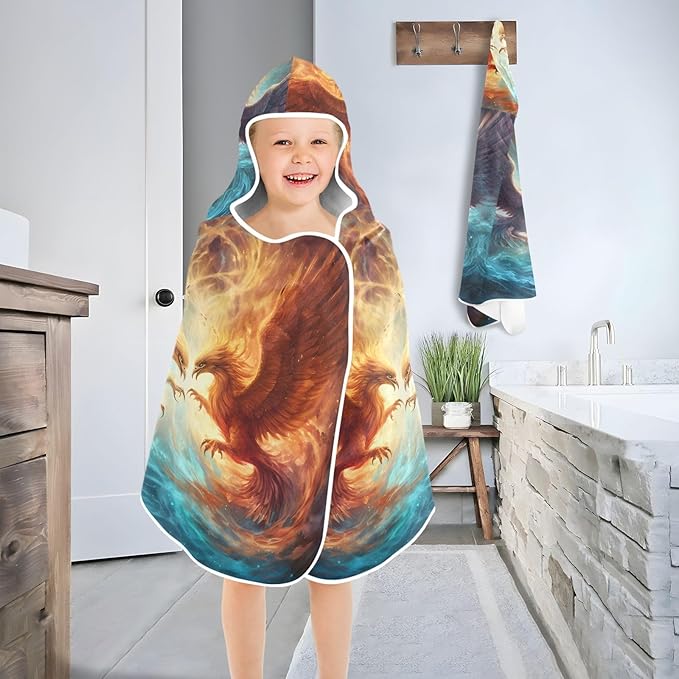 Hooded Towel for Kids Ice and Fire Phoenix in Space Beach Wrap Bath Towels 50x23.5in