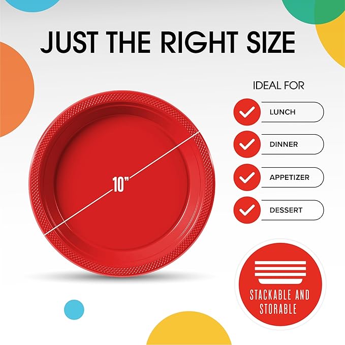 Exquisite Party Solids Red Plastic Plates For Party Supplies 10" Red Disposable Plates Heavy Duty 50 Pcs Plastic Dinnerware Sets Heavy Duty 350 GSM Disposable Dinnerware Set