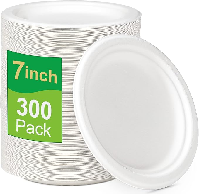 300 Pack Paper Plates Bulk, 7 inch Small Paper Plates, 100% Compostable Plates Eco Friendly Disposable Plates, White Paper Plates for Party Wedding Birthday, Paper Dessert Plates