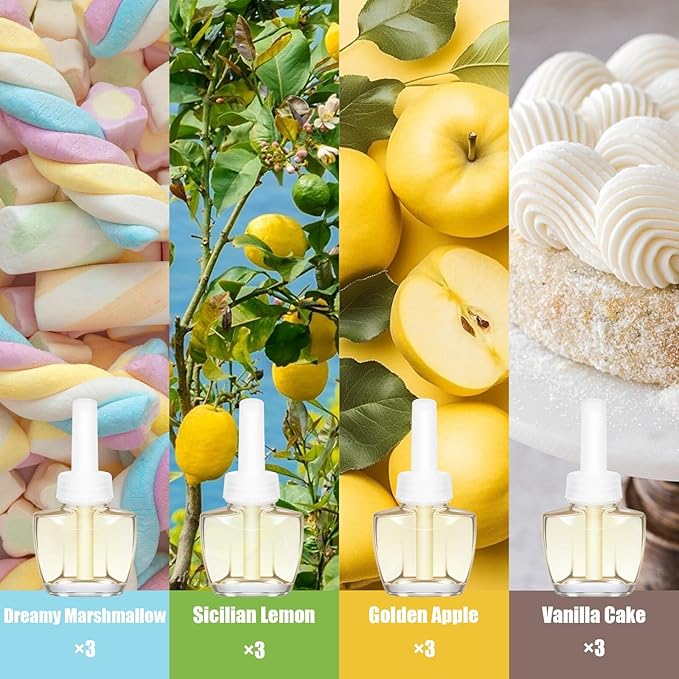 Plug In Refills Air Freshener, Dreamy Marshmallow, Sicilian Lemon, Golden Apple, Vanilla Cake, for Home and Bathroom 7.92 Fl Oz, 12 Count, Compatible with Air Wick & Glade, Not Include Glade Plus