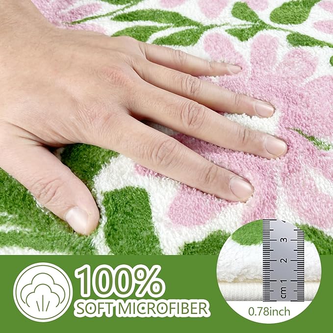 SHIYUE Cute Flower Bath Mat for Bathroom Rugs, Ultra Soft and Fluffy Microfiber Water Absorption Non Slip Mat for Bedroom Kitchen Bathroom Toilet Floors(18"×26" Green Pink)