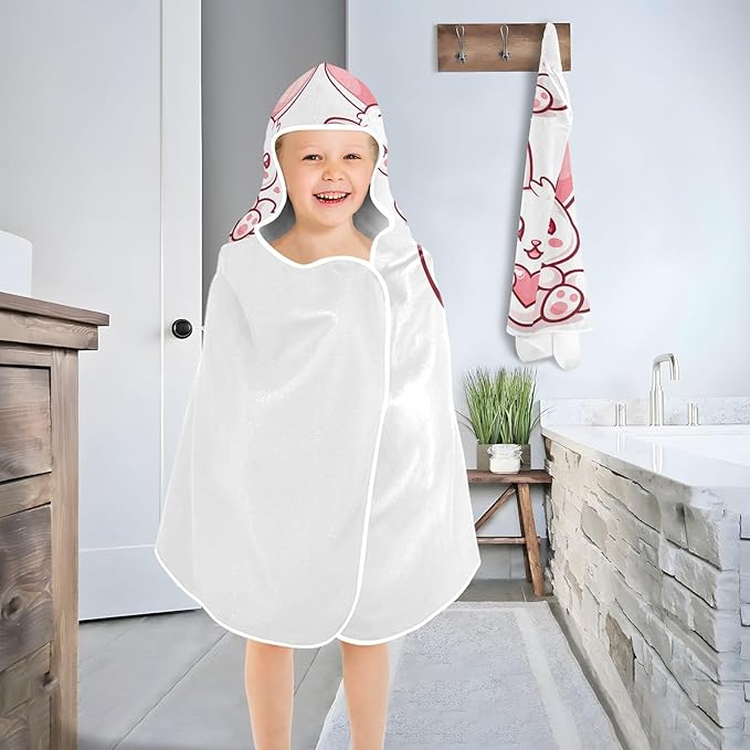 Kids Hooded Towels Kawaii Valentine Bunny Holding Heart Swimming Beach Towel 23.5" x 50" Bath Towel for Boys Girls 21219230