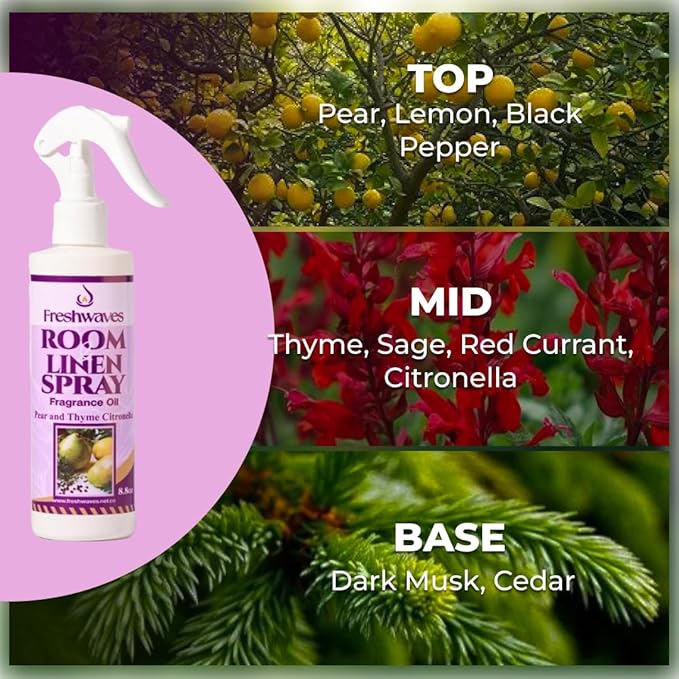 Freshwaves Room & Linen Spray | Pear & Thyme Citronella Fragrance Oil | 8.8oz Air Freshener | Odor Eliminator | Room Spray for Living Room | Bedroom | Restroom & Office | White Trigger Bottle