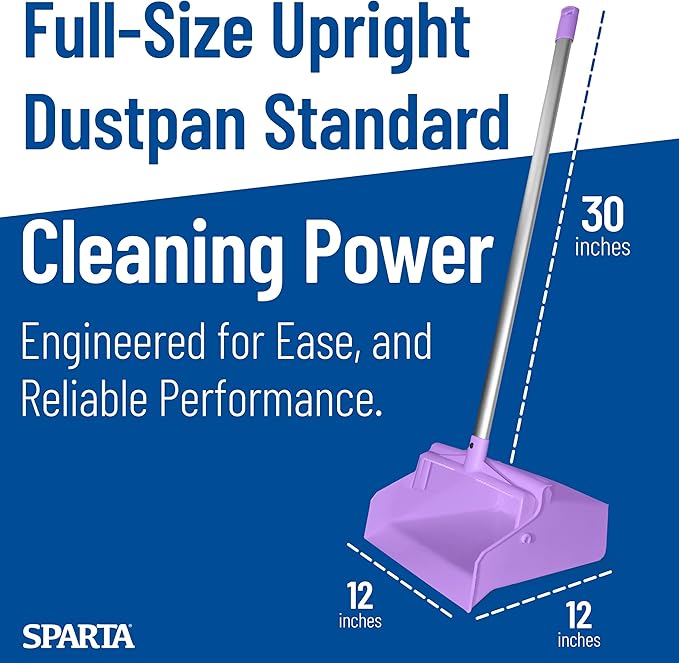 SPARTA Upright Dustpan with Aluminum Handle, Serrated Edge for Broom Combing, Secure Yoke Lock with Easy Storage Hanging Hole for Commercial Cleaning, Plastic, 30 Inches, Purple