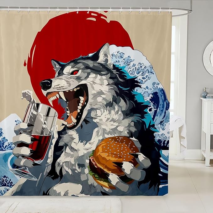 Funny Wolf Shower Curtain Set,Hamburgers and Drinks Food Bathroom Curtain with 12 Hooks,Kids Boys Teens Japanese Sunset Wave Waterproof Fabrics Anime Theme Animals Bathtub Decor,72"W x 78"L