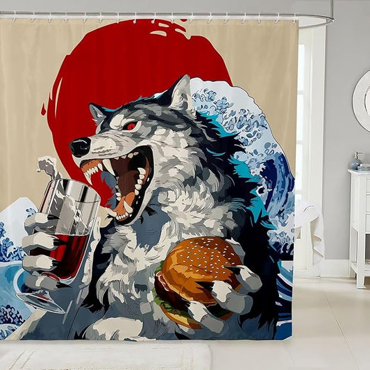 Funny Wolf Shower Curtain Set,Hamburgers and Drinks Food Bathroom Curtain with 12 Hooks,Kids Boys Teens Japanese Sunset Wave Waterproof Fabrics Anime Theme Animals Bathtub Decor,72"W x 78"L
