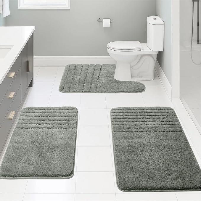 Bath Rugs Set 3 Pieces Bathroom Mat Soft Absorbent Plush Shaggy Soft Floor Non Slip Shower Bath Tub Machine Washable (Moss-Strip, 20"x32"/20"x20"/17"x24")