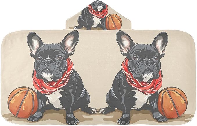 Hooded Towel for Kids Bulldog and Basketball Beach Wrap Bath Towels 50x23.5in