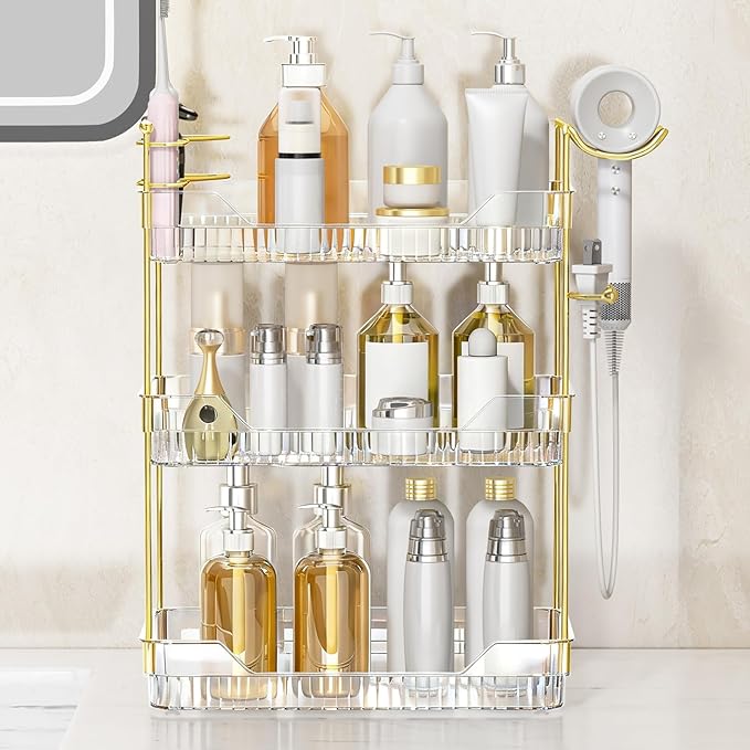 Bathroom Counter Organizer with Hair Dryer Holder and Toothbrush Holder, Acrylic Vanity Tray for Skincare, Perfume, Makeup Storage on Countertop ＆ Dresser (Clear, 3-Tier)