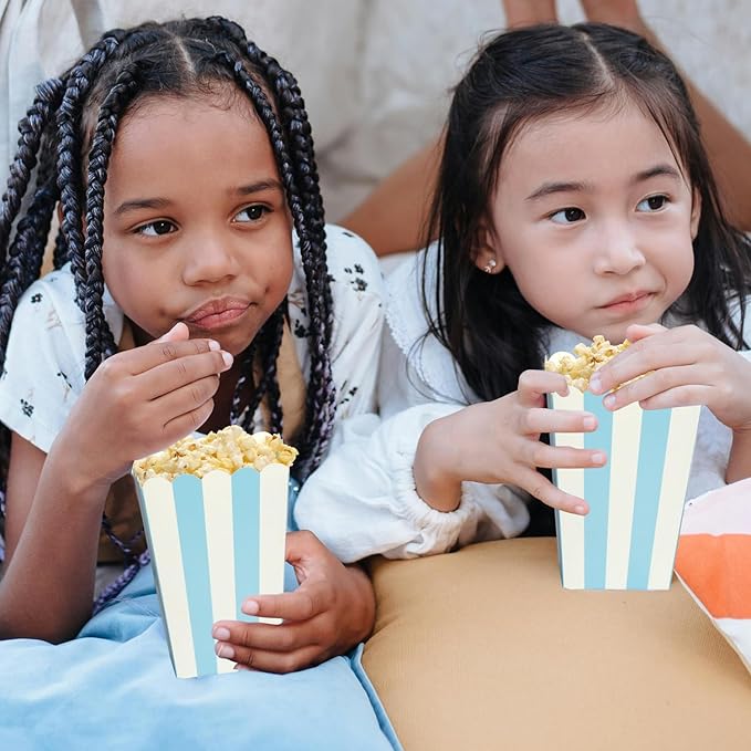 XIEHE 24 Pack Striped Popcorn Boxes - Carnival Parties Mini Paper Popcorn and Candy Containers, Party Supplies for Movie Nights (Blue)