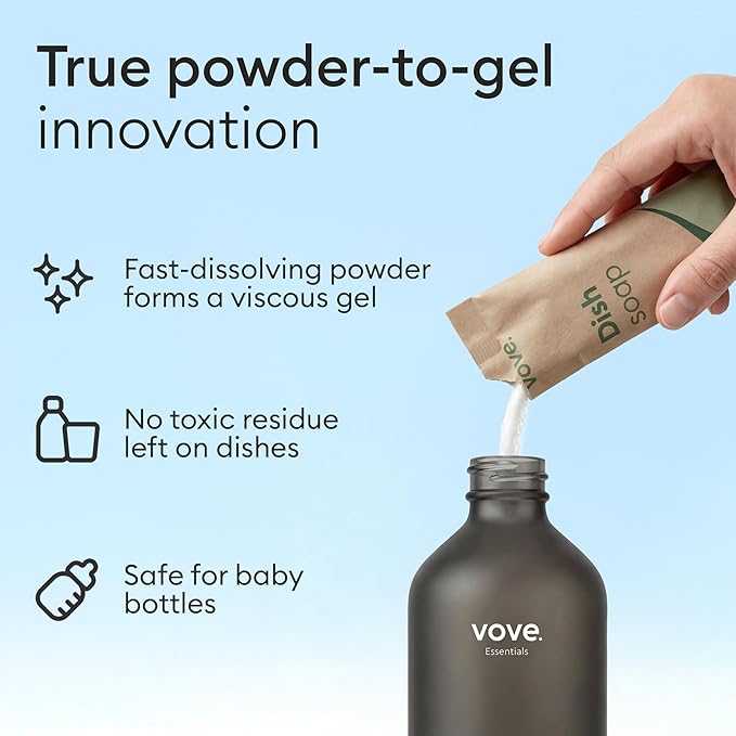 Vove Dish Soap Starter Set with Refillable Glass Pump Bottle & 3 Refills, Bergamot Mint & Basil, Powder-to-Gel Dishwashing Liquid, Plant-Based Concentrated Formula, Plastic-Free Packaging