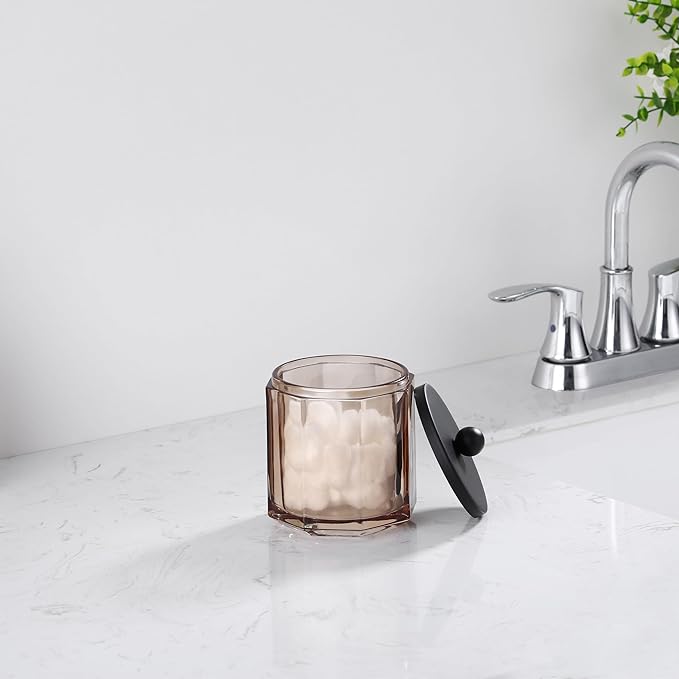 Taupe Translucent Apothecary Octagional Shaped Glass Canister Jar With Matte Black Metal Lid Cover for Bathroom Organization, Cotton Balls, Q Tips, and Small Accessories, Bathroom Storage
