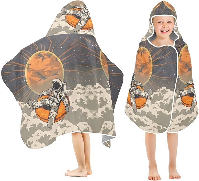 Hooded Towel for Kids Astronaut Sitting in Orange Cushion Floating in The Sky at Sunset Beach Wrap Bath Towels 50x23.5in