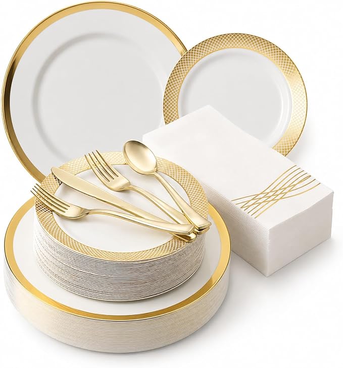By Madee HEAVYWEIGHT Fancy Plastic Dinnerware Sets – White and Gold Disposable Plates, Premium Cutlery & Linen-Like Napkins | Elegant Disposable Dinnerware Set - 175 Pc for 25 Guests