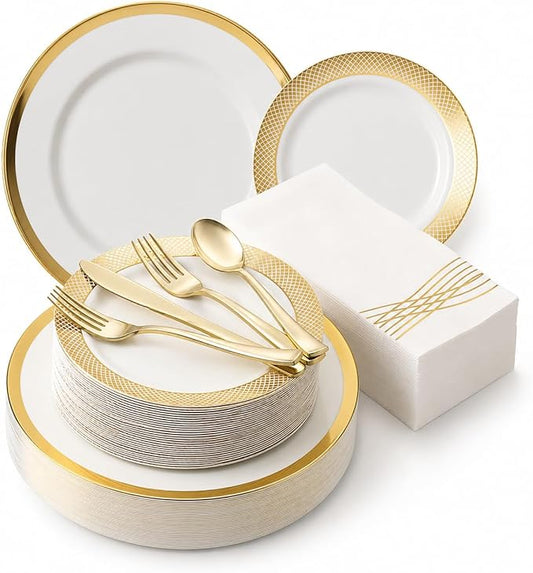 By Madee HEAVYWEIGHT Fancy Plastic Dinnerware Sets – White and Gold Disposable Plates, Premium Cutlery & Linen-Like Napkins | Elegant Disposable Dinnerware Set - 175 Pc for 25 Guests