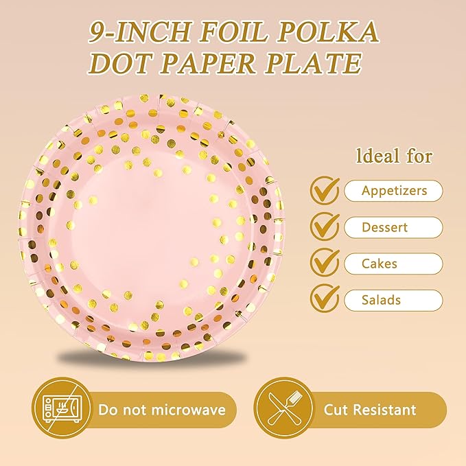 Pink and Gold Paper Plates and Napkins Party Supplies,Serves 25 Guests Pink Gold 9 Inch Plates and Napkins,Disposable Paper Tableware Set for Birthday Wedding Bridal Shower Baby Shower Decorations