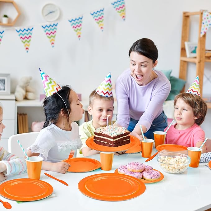 228PCS Orange Party Supplies Set Include Paper Plates Cups Paper Napkins Plastic Spoons Forks Knives for 30 Guests Disposable Party Dinnerware for Birthday Wedding Family Picnic