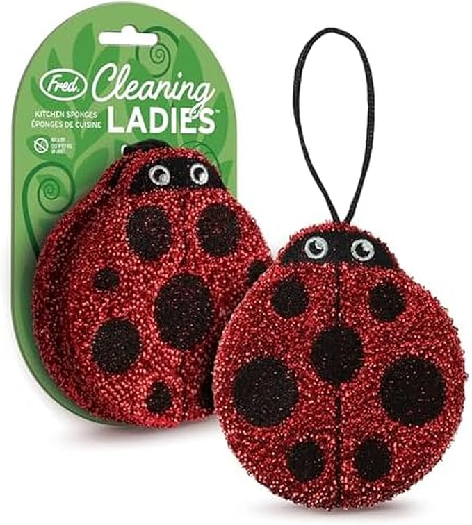Genuine Fred Cleaning Ladies Ladybug Sponges, Set of 2 Scrubber Sponges, Gentle on Cookware, Tough on Grime, Corded Loop for Easy Drying, Fun and Functional Design, Great Gift
