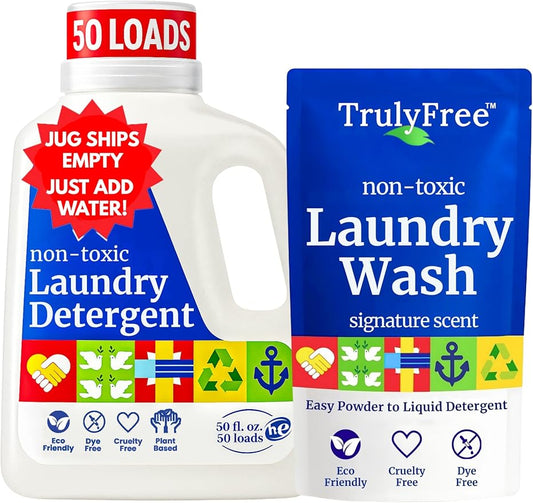 Truly Free Natural Laundry Detergent for Sensitive Skin | Eco Friendly, Plant Based, Baby Clothes Safe | Clean & Easy Powder to Liquid, 1 Empty Reusable Jug + 1 Fill Pack | Signature Scent, 50 Loads