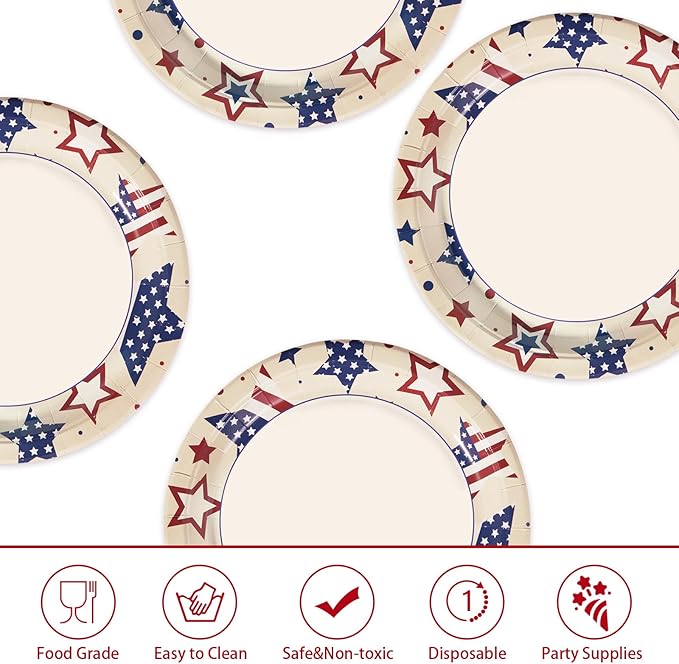 50Pcs Patriotic Paper Plates 10" Heavy Duty 4th of July Party Plates Disposable American Flag Platter Red Blue Stars Decorative Plate for Independence Day Memorial Day 250th Anniversary Party Supplies