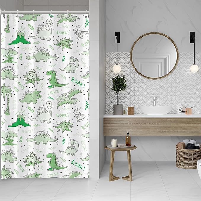 Baocicoo Cute Cartoon Dinosaur Shower Curtain Sets Green Animals Plants Bath Curtain for Boys Girls Bathroom Decorations Polyester Fabric Waterproof Curtains for Bathroom with Hooks 36x72 Inches