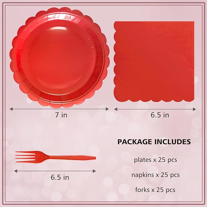 Red Paper Plates and Napkins,7 Inch Red Scalloped Disposable Dessert Plates Paper Napkin Fork Party Supplies for Wedding Baby Shower Birthday(25 Guest)