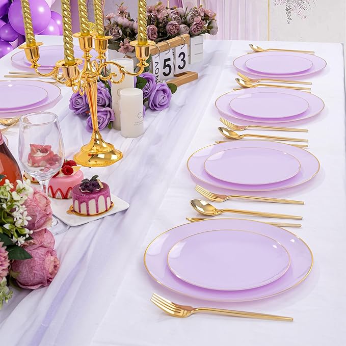 PULOTE 100PCS Purple Plastic Plates Disposable - Include 50 Dinner / 50 Dessert Plates Heavy Duty for Party, Wedding&Birthday