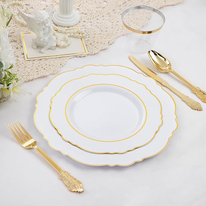 Liacere 350PCS Gold Plastic Plates-Disposable White and Gold Plates 50guest Baroque Plastic Dinnerware include 100Plates, 50Pack Pre Rolled Napkins with Silverware 50Cups for Wedding & Mothers Day