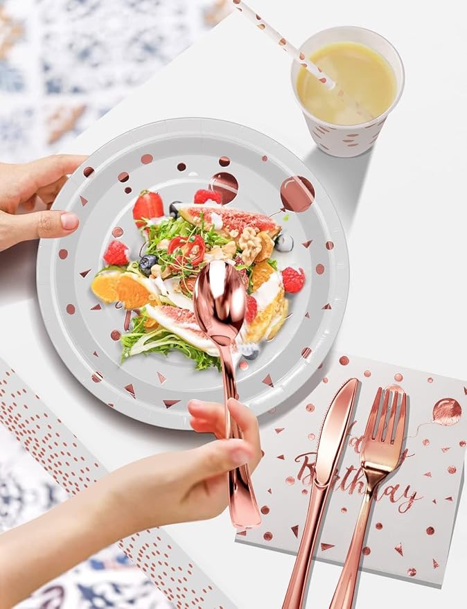 Nkaiso Birthday Party Tableware, 161 Pieces Rosegold Party Supplies, Party Dinnerware Sets Include Paper Plates Napkins Cups Silverware, for Shower Engagement Parties Decoration -20 Serves