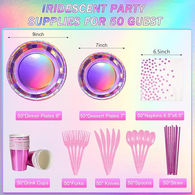 Iridescent Pink Party Supplies Decorations Serve 50, Hot Pink Holographic Paper Plates and Napkins Set, Disposable Pink Paper Plates Cups Knives Spoons Fork for Mermaid Disco Kpop Birthday Party Decor
