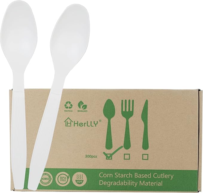 300 Disposable Spoons, Large Biodegradable Eco-Friendly Durable and Heat Resistant, Alternative to Plastic Spoons
