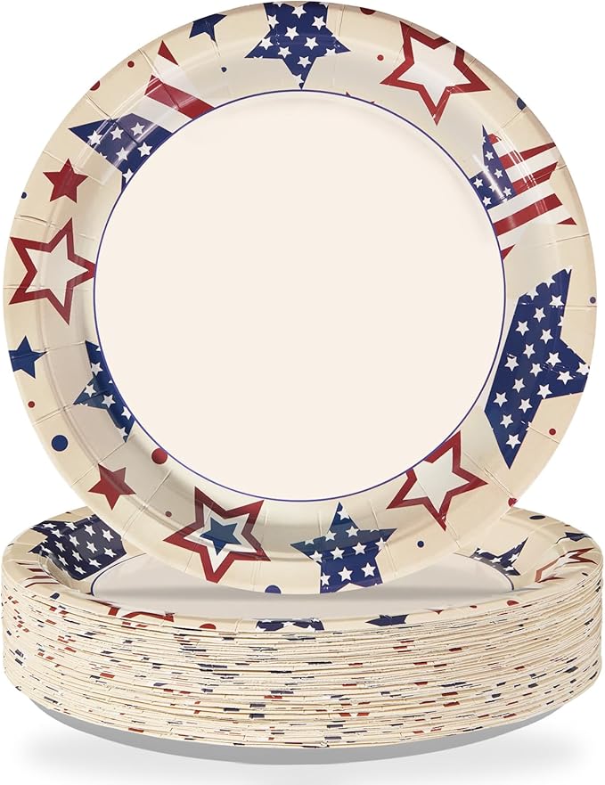 50Pcs Patriotic Paper Plates 10" Heavy Duty 4th of July Party Plates Disposable American Flag Platter Red Blue Stars Decorative Plate for Independence Day Memorial Day 250th Anniversary Party Supplies