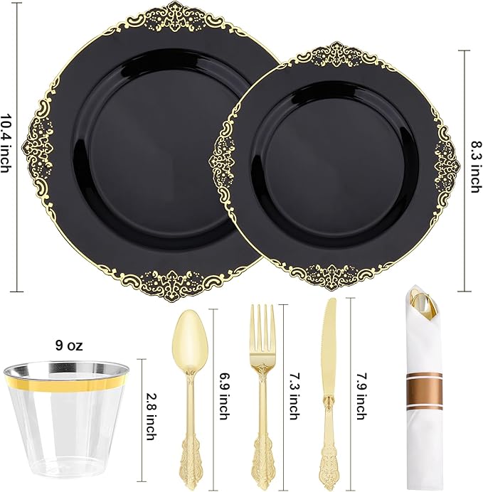Realluck 350 PCS Black and Gold Plastic Plates, Plastic Dinnerware Set for 50 Guests, 100 Disposable Plates, 150 Silverwares, 50 Cups, 50 Napkins for Party, Wedding, Graduation