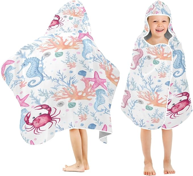 CEBUGI Starfish Hooded Bath Towel for Kids Absorbent Soft Bath Towel Wrap with Hood 50x23.5in Pool Beach Shower Towel for Boys Girls