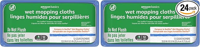 Amazon Basics Wet Mopping Cloth Refills, Floor Cleaning, Fresh Scent, 12 Count (Fits Swiffer Sweeper Mop Heads) (Pack of 2)