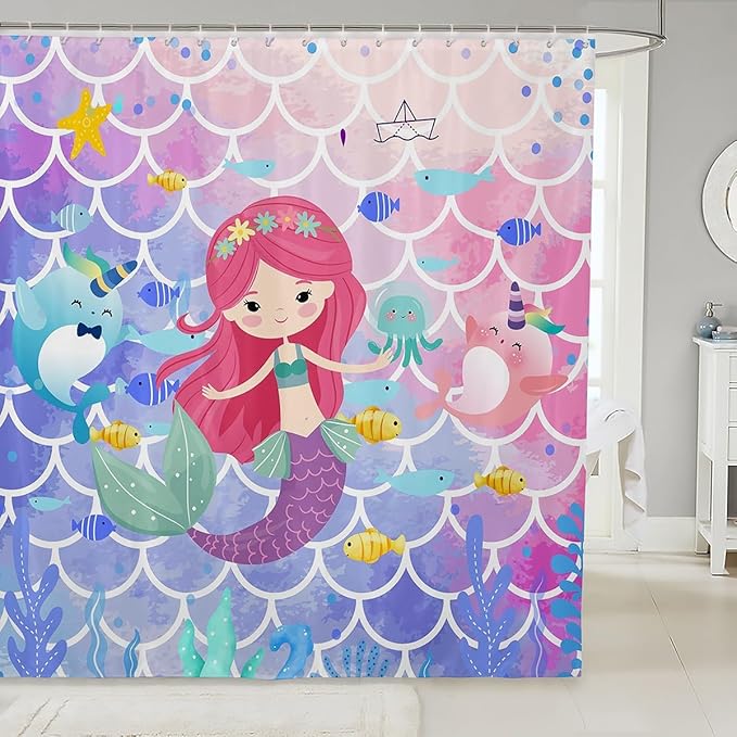 Mermaid Shower Curtain, Watercolor Mermaid Scale Bathroom Decor, Cartoon Dolphin Octopus Waterproof Curtain, 12 Hooks, 72" Wx84" L