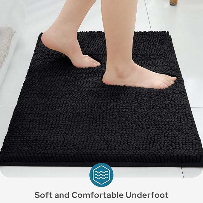 BYSURE Black Bathroom Rugs Sets 3 Piece Non Slip Extra Absorbent Plush Chenille Soft Washable Bath Mats