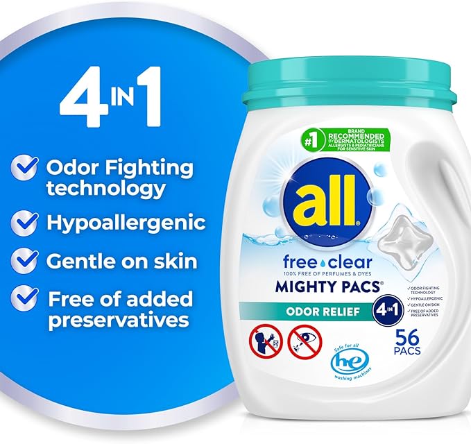 all Unit Dose Laundry Detergent, Mighty Pacs, Free Clear, Odor Relief, 72 Count