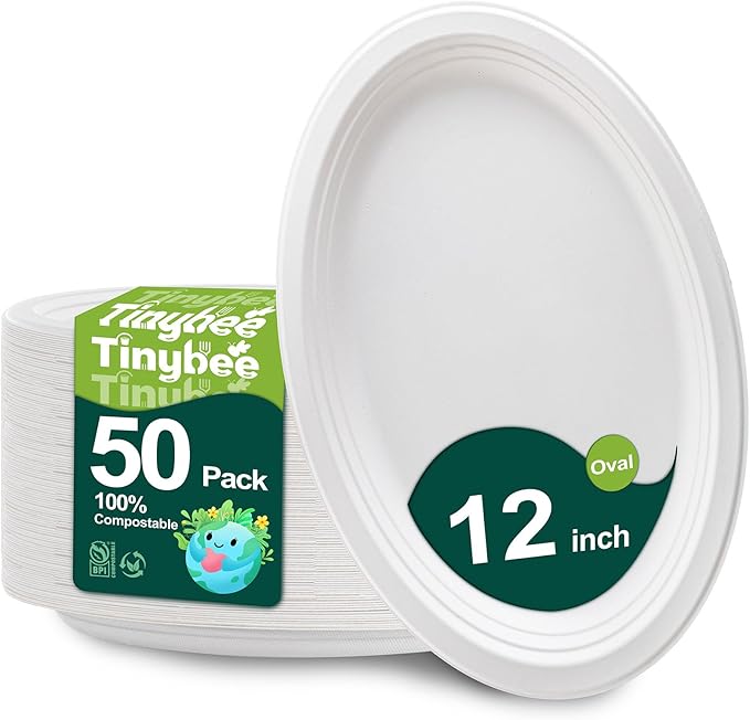 Tinybee 100% Compostable Oval Paper Plates 12 Inch [50-Pack] Heavy Duty Large Paper Plates, Biodegradable Bagasse Platters, Eco-Friendly Dinner Plate for BBQ/Picnic/Party (BPI Certified,Microwaveable)
