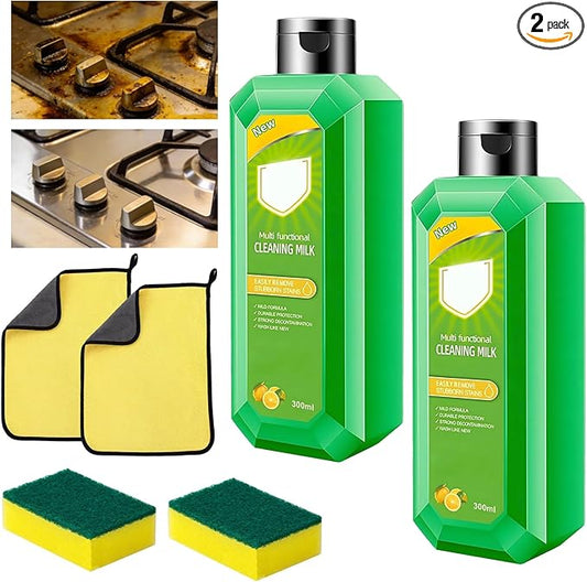 2PCS Cleaning Milk House Cleaner, New Multifunctional Concentrated Cleansing Lotion,300 ML Effective Cleaning Milk for Household Kitchen With 2 Sponges And Towels, to Heavy Oil Stains
